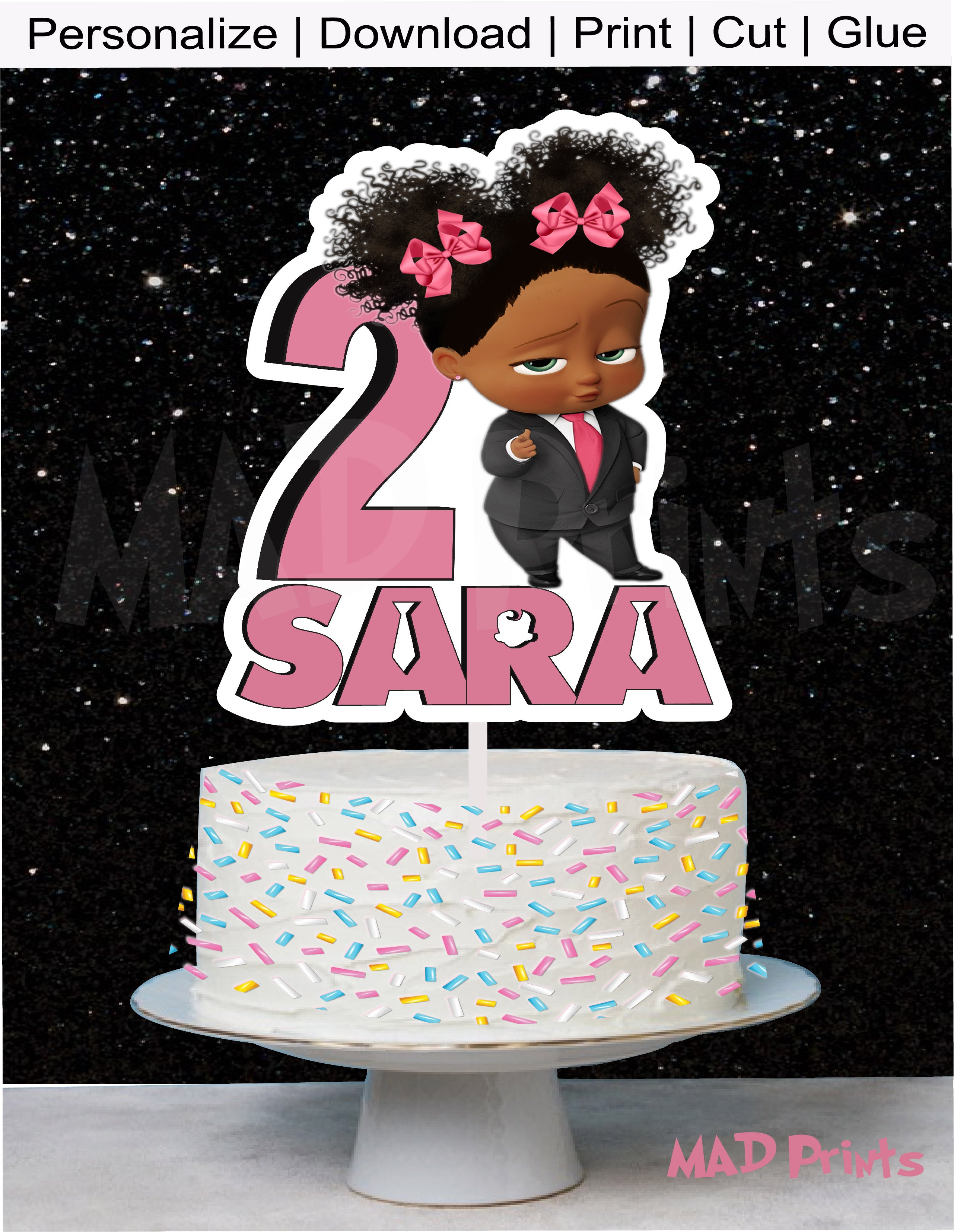 Digital African-American Girl  Boss Baby  Cake Topper