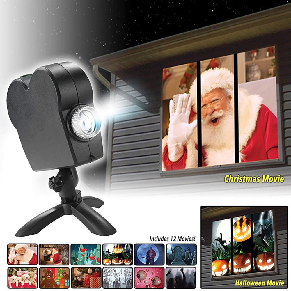 Christmas Halloween Laser Projector 12 Movies Disco Light Mini Window Home Theater Projector Indoor Outdoor