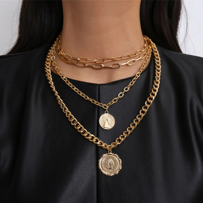 Multi Layer Curb Cuban Choker Necklace Coin Pendant  Jewelry