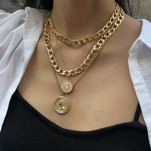 Multi Layer Curb Cuban Choker Necklace Coin Pendant  Jewelry