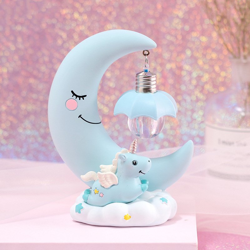 Resin Moon Unicorn LED Night Light Cartoon Baby Nursery Lamp Breathing Kawaii