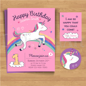 Printable Unicorn Birthday Invitation, Cupcake Toppers and Thank you Cards