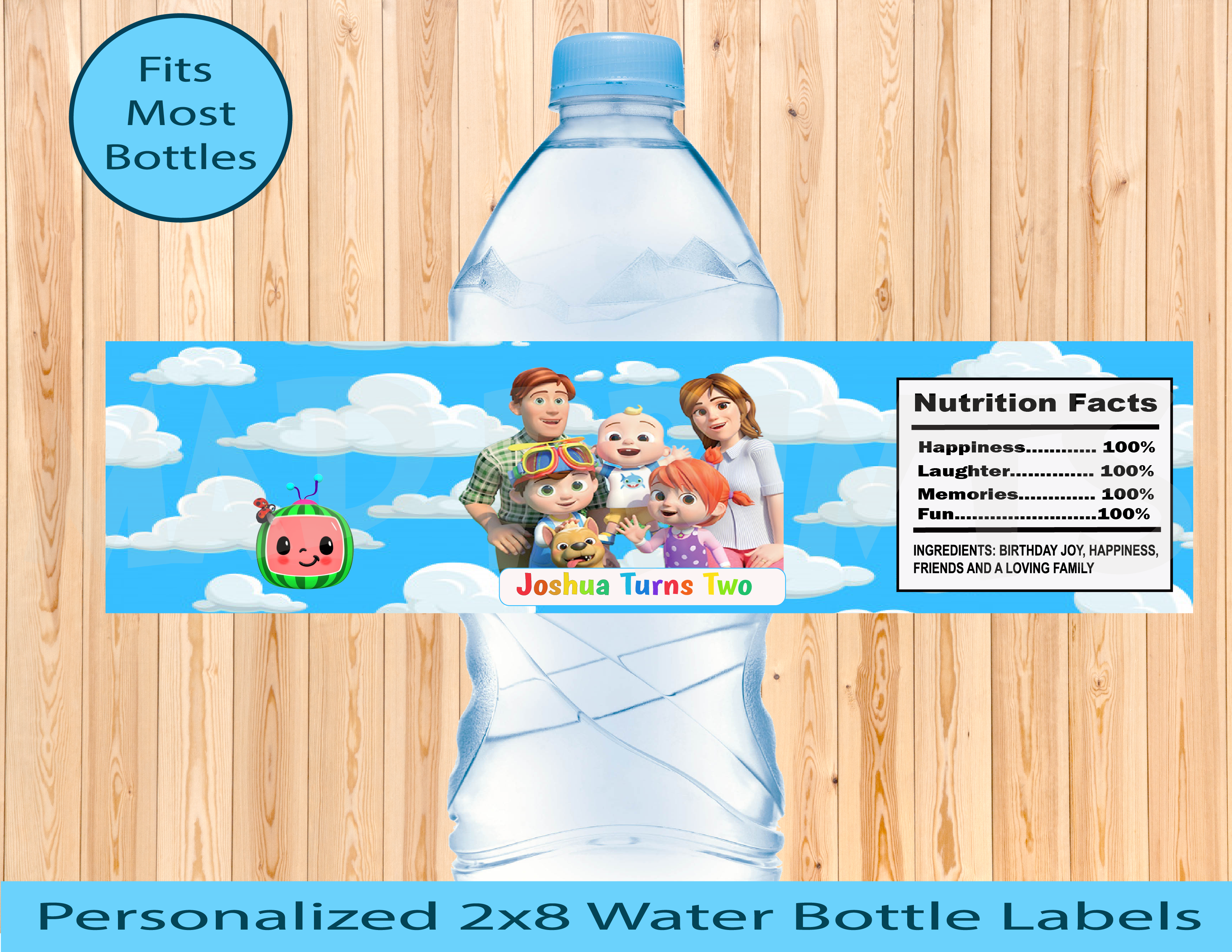 Blue Sky  Cocomelon Personalized Water Bottle Labels