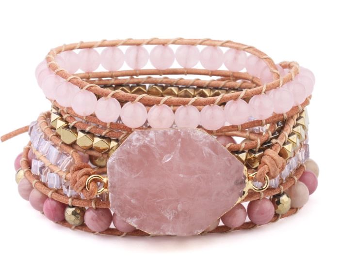 Pink Quartz Leather Wrap Bracelets Jewelry
